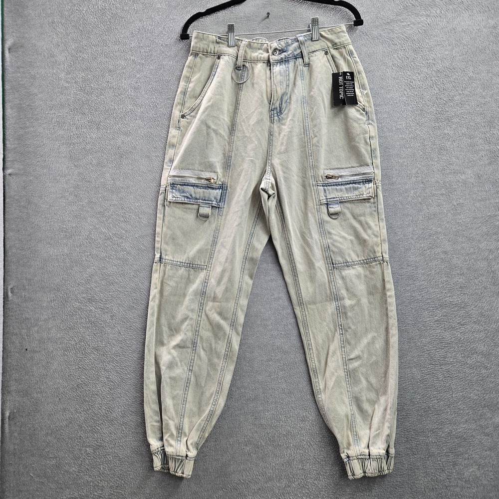 Hot Topic Women Jeans‎ M Light Gray Denim Jogger Cargo Grunge Side Chain NWT